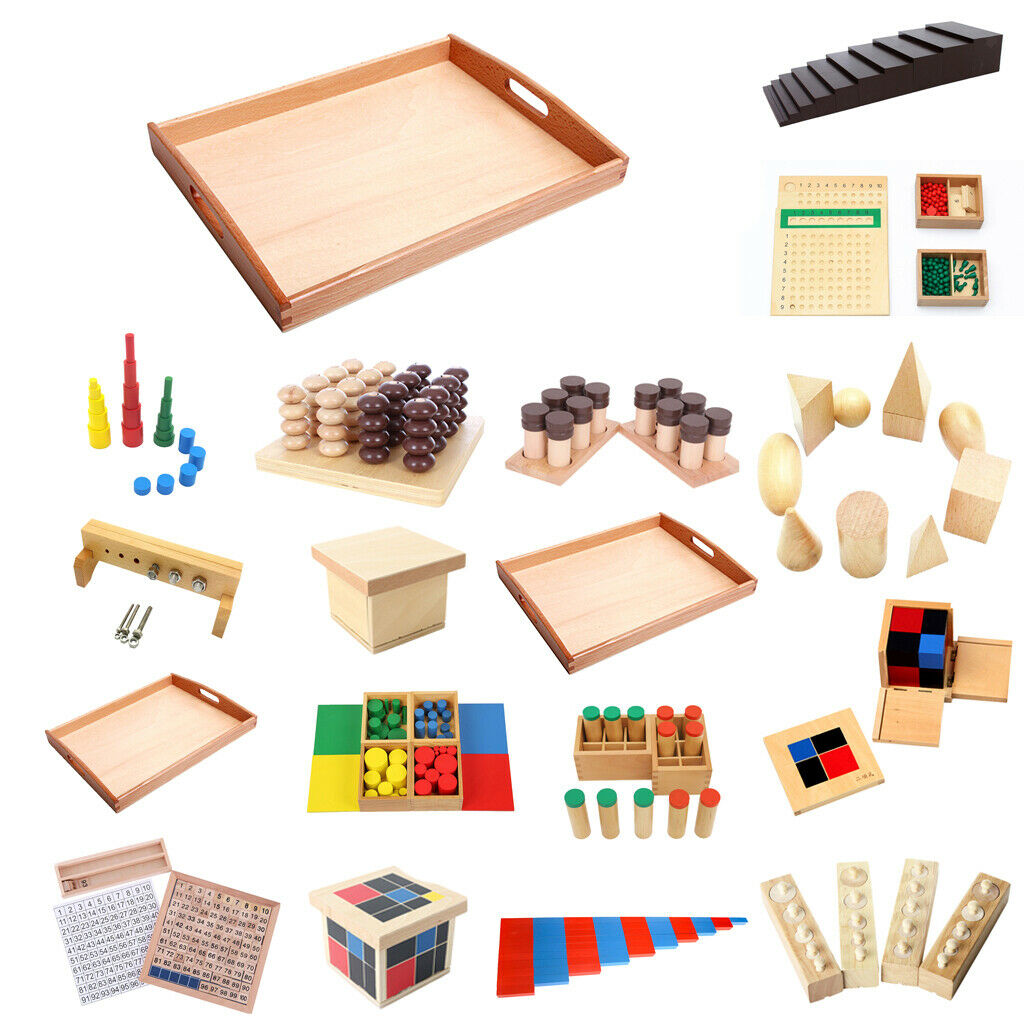 2 Wooden Montessori Rectangle Tray Cubes Beads Toys Holders With Handle S&M