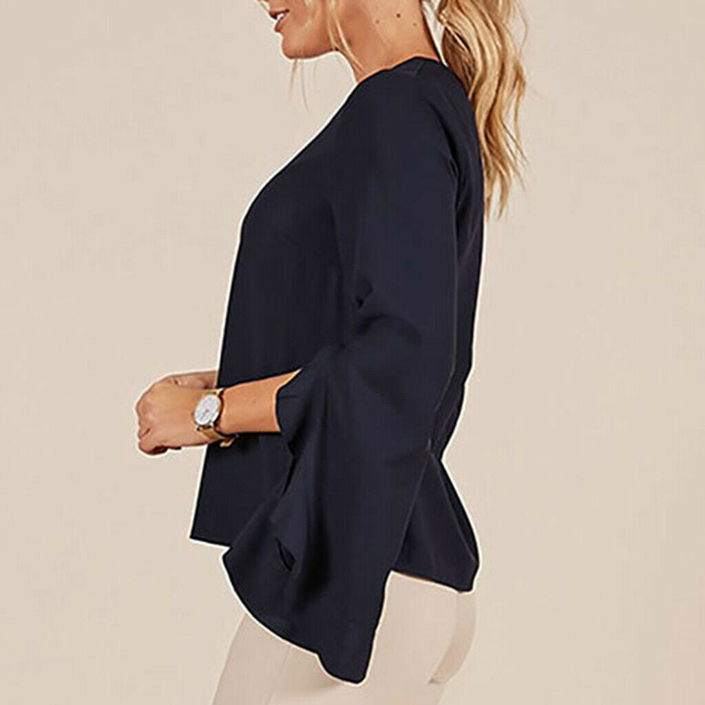 Women's Solid Round Neck Irregular Ruffle Sleeve Chiffon Shirt Blouse L Blue