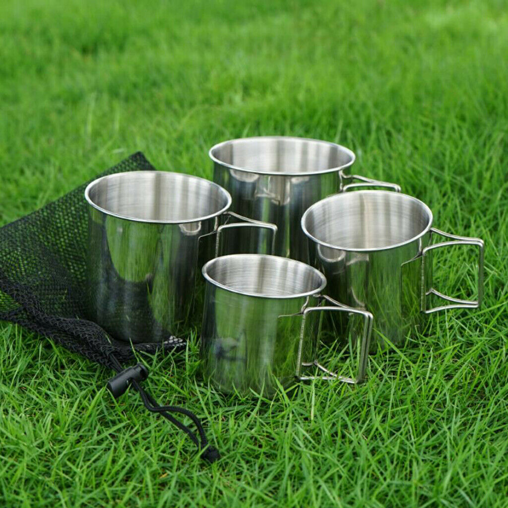 4 Pcs Stainless Steel Cup Outdoor Camping Picnic Water Cup w/Foldable Handle