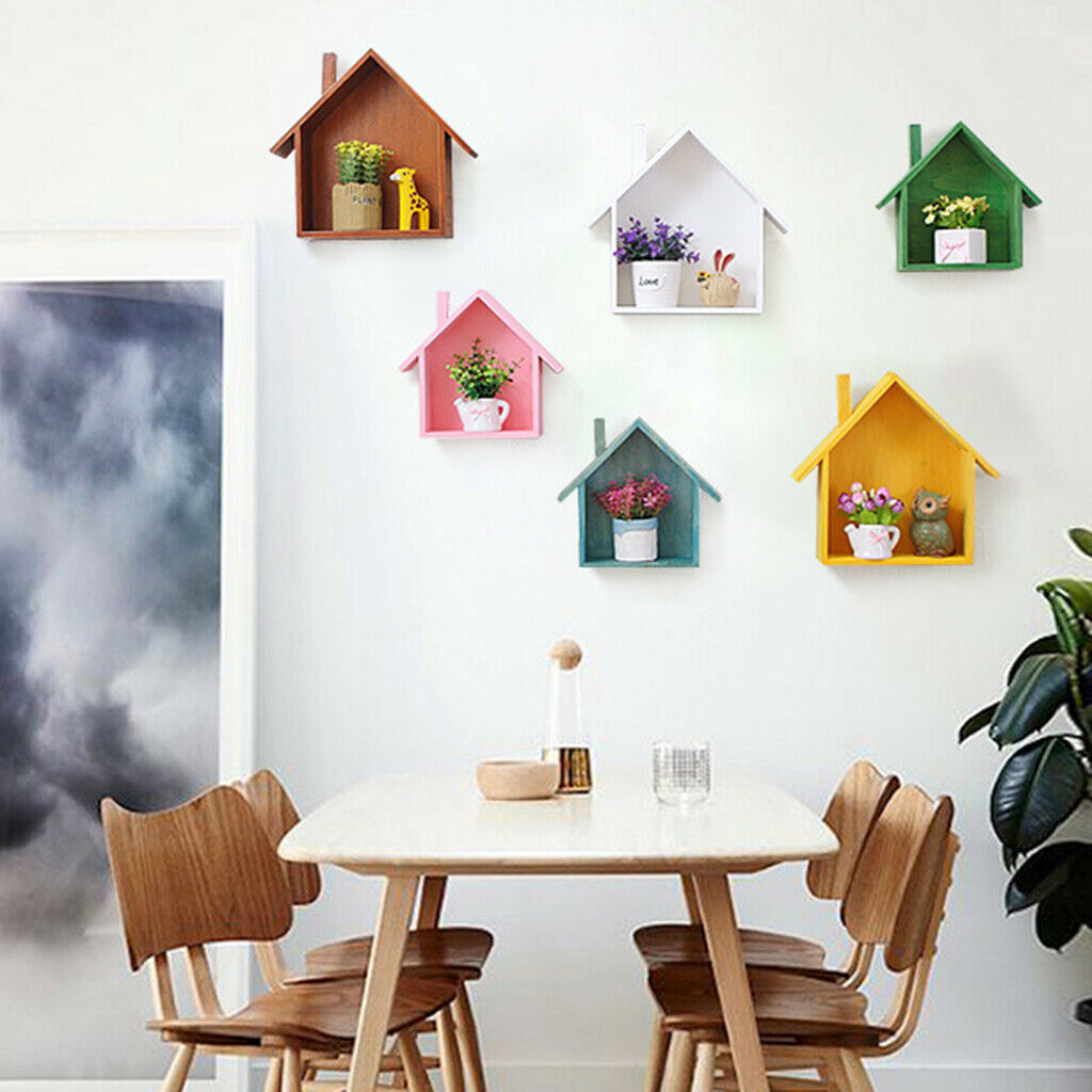 2x Wood Shelves Floating Storage Shelf Wall Decor House Shaped Blue White for