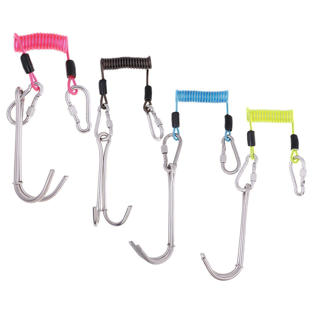 Scuba Diving Stainless Steel Dual Reef Hook & Coil Lanyard Carabiner Pink