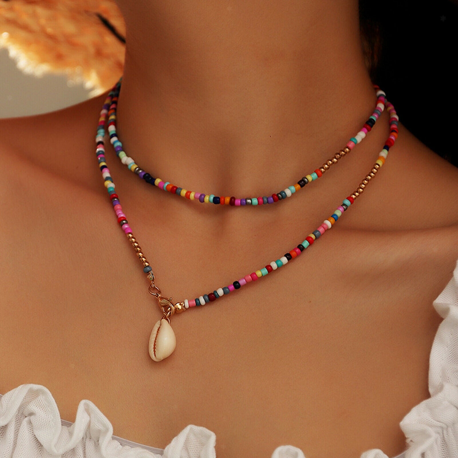 Ladies Girls Alloy Trendy Beads Colorful Shell Necklace Beach Chain Fashion