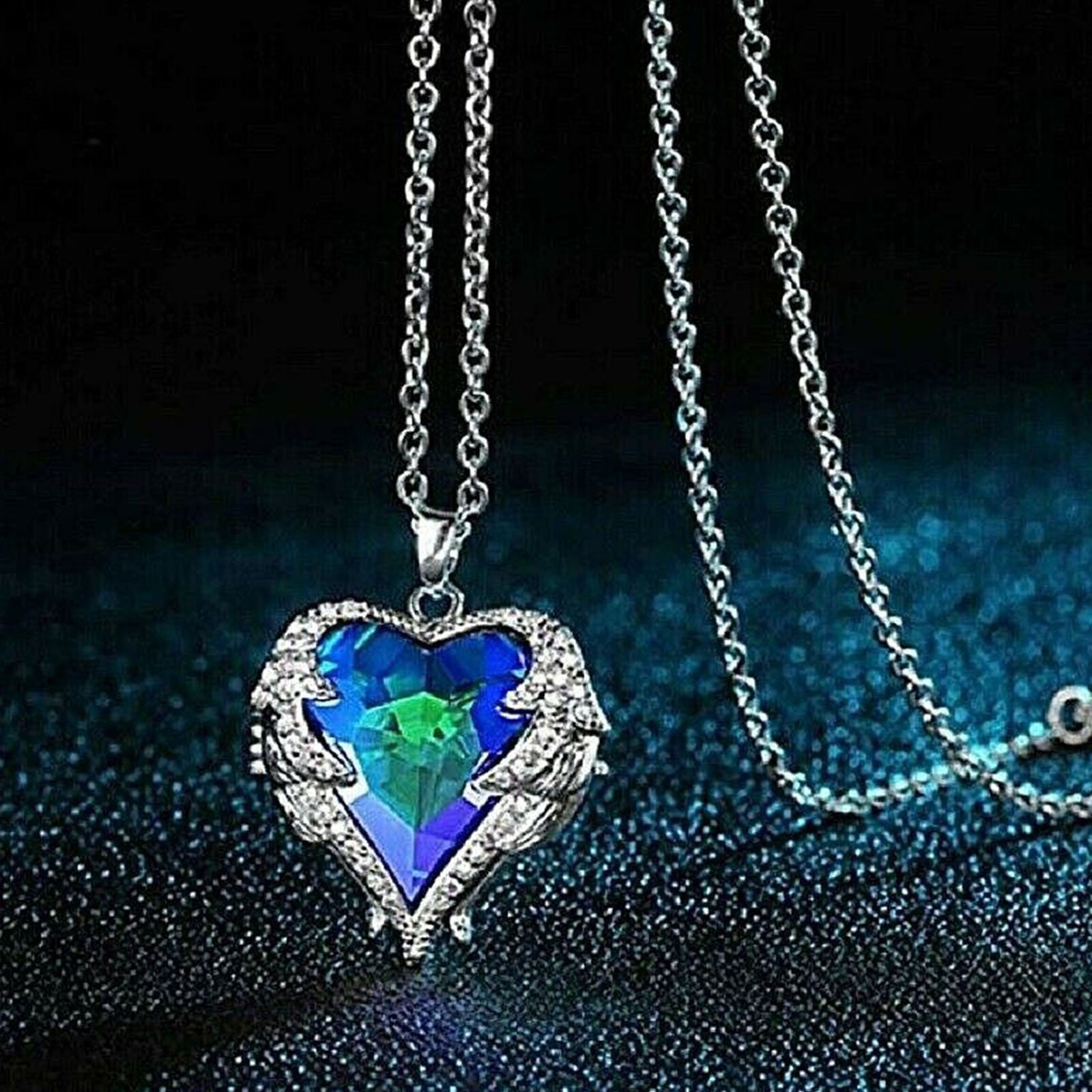 Mother's Day Gift Angel Wing Pendant Necklace Crystal Blue Heart With Gift Bag
