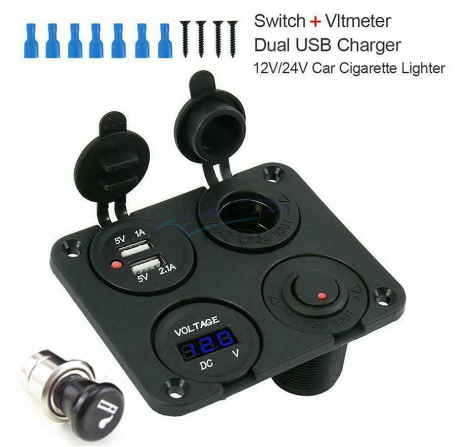 4Hole Panel Dual USB Charger Power Socket Voltmeter On-Off Switch For Marine Car