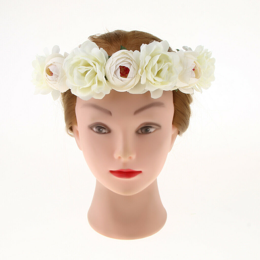 Silk Flower Wreath Headband Garland Wedding Festival Party Hair Costume - Beige,