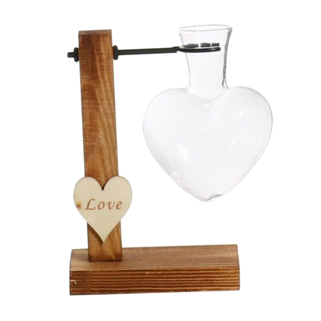 Love Heart Shape Glass Hydroponic Flower Vase Container w/Wooden Stand Decor