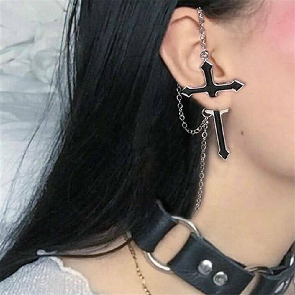 1Pcs Punk Gothic Long Chain Cross Zipper Stud Drop Earrings Women Men Jewelry