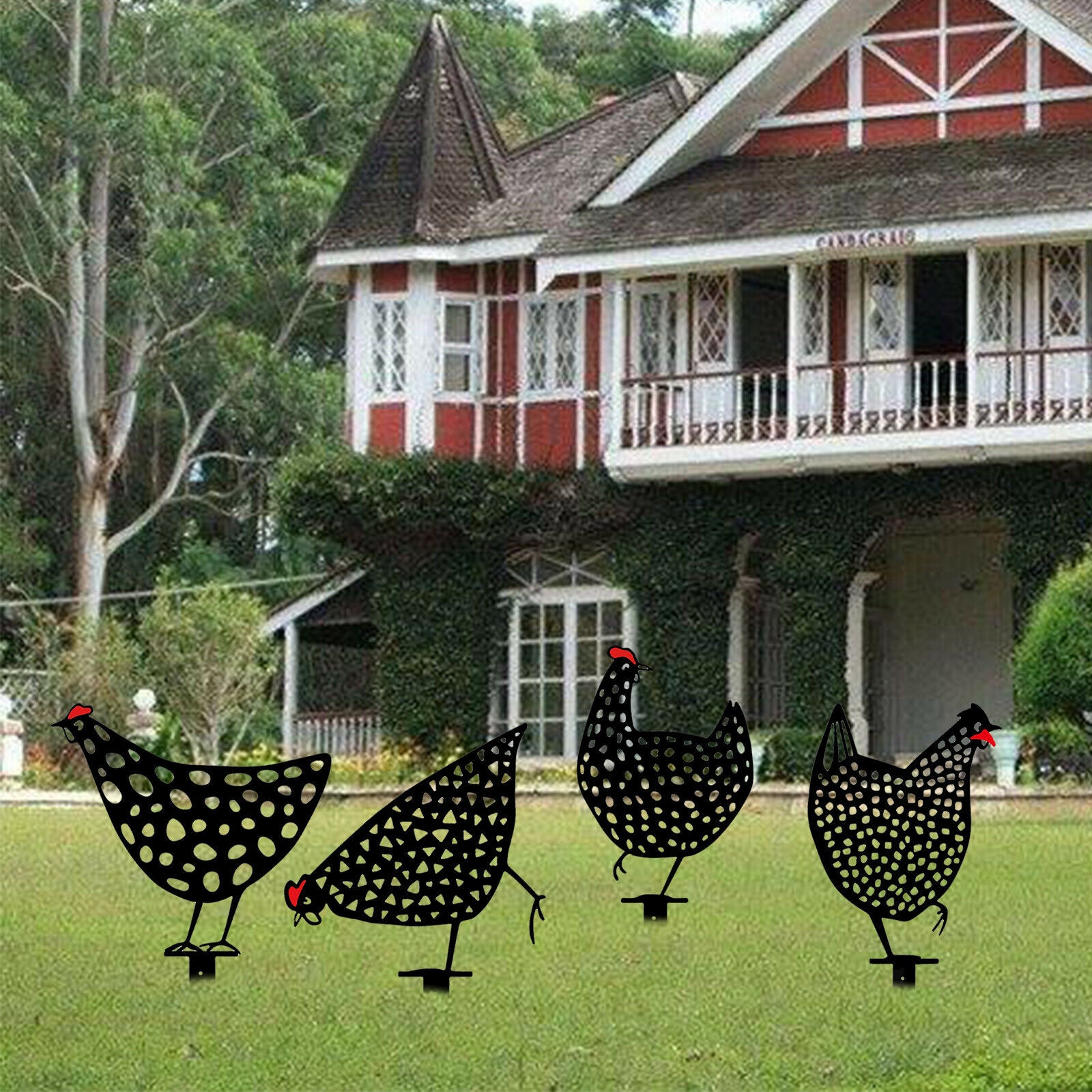 4x Chicken Silhouette Hollow Out Stakes Outdoor Garden Pathway Decoration