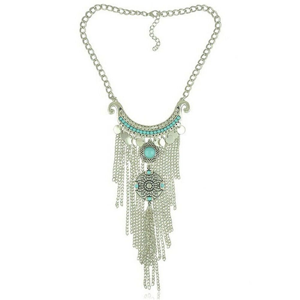 Retro Bohemian Gypsy Style Turquoise Tassel  Chain Choker Pendant Necklace B Tt