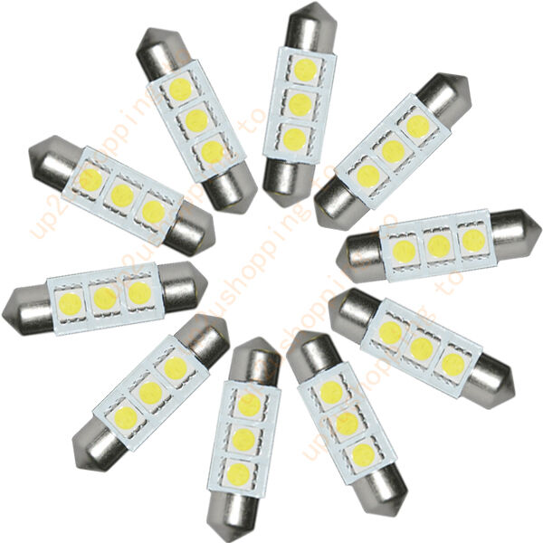 10PCS White 36MM 3 LED 5050 SMD Festoon Dome Car Light Interior Lamp Bulb 12V