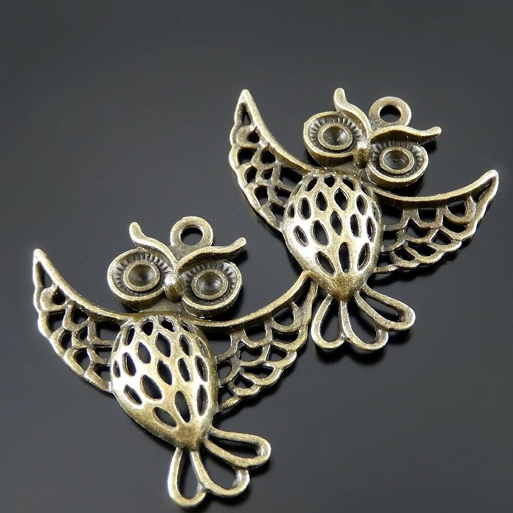 10 pcs Antiqued Bronze Alloy Hollowed Cute Owl Charm Pendant Art Craft 37x36x5mm
