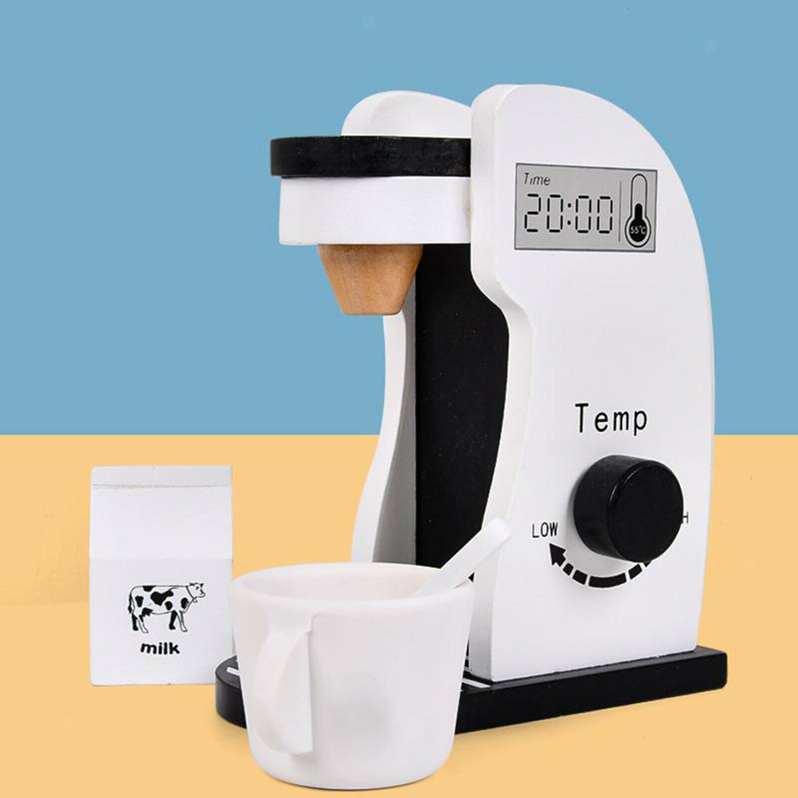 Small Food Wooden Toys Coffee Machine, Cups Milk Bottle Complete Playset for