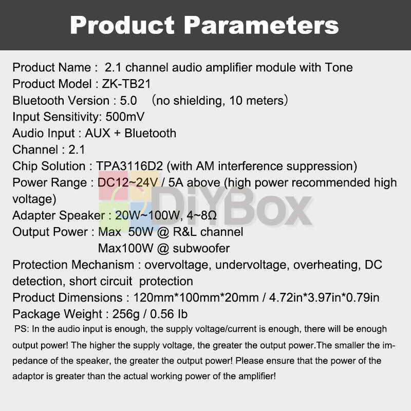 TPA3116D Digital Amplifiers Board Bluetooth 5.0 2.1 Channel Audio 2*50W+100W AUX