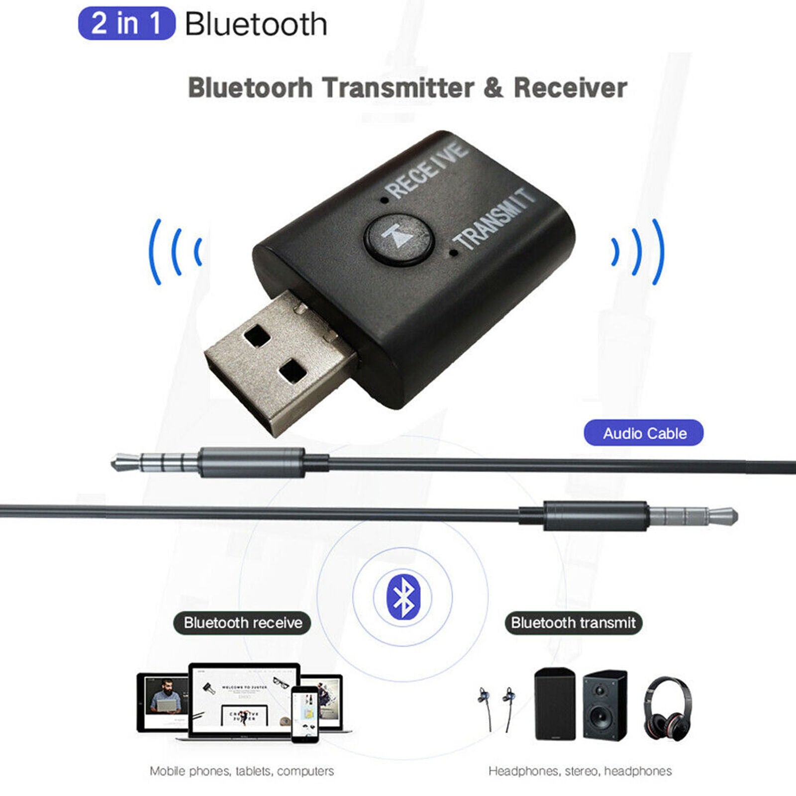 USB Bluetooth 5.0 Wireless Receiver/Transmitter AUX RCA 3.5mm Jack For TV PC Car