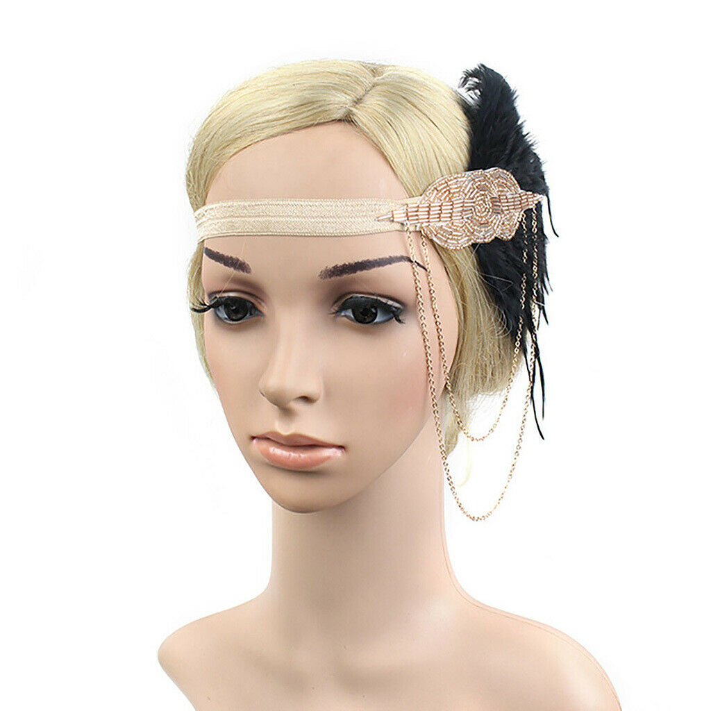 Feather Tassel Beads Flapper Headband 1920s Charleston Headpiece Champagne 2
