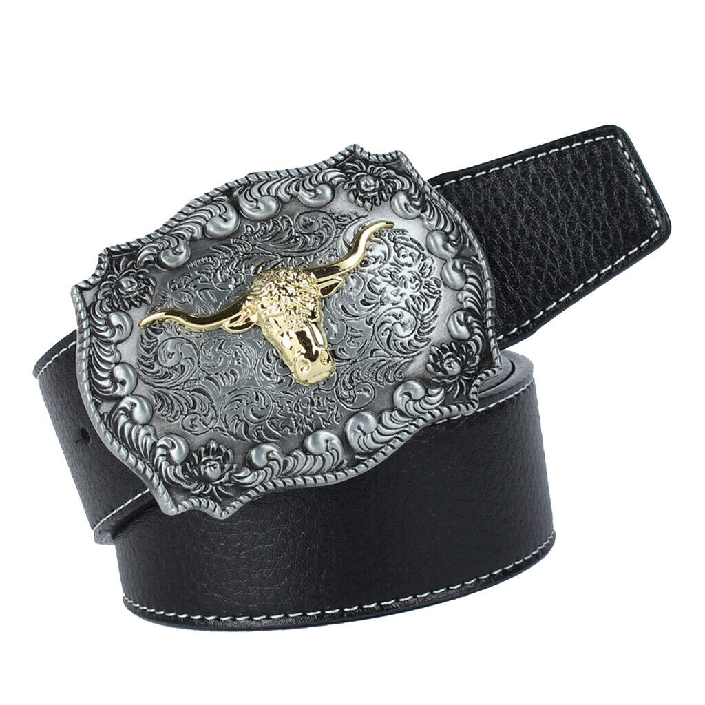 2x Square Longhorn Steer Head Cowboy Leather Belt Jeans Belt 1.5" Wide
