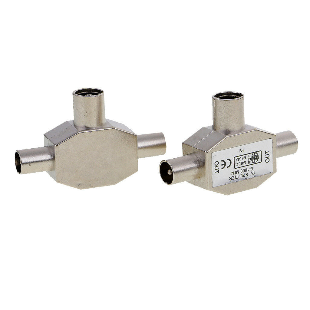 2pcs TV Aerial Coaxial Signal Splitter 2-Way 1 Female to 2 Male Connector