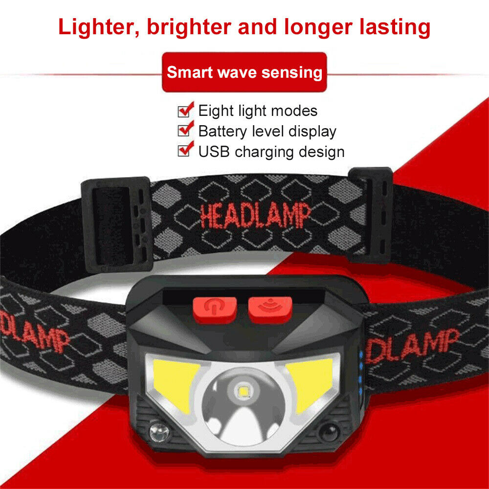 USB Rechargeable Headlight Sensor Super Bright Head Torch Headlamp Waterproof