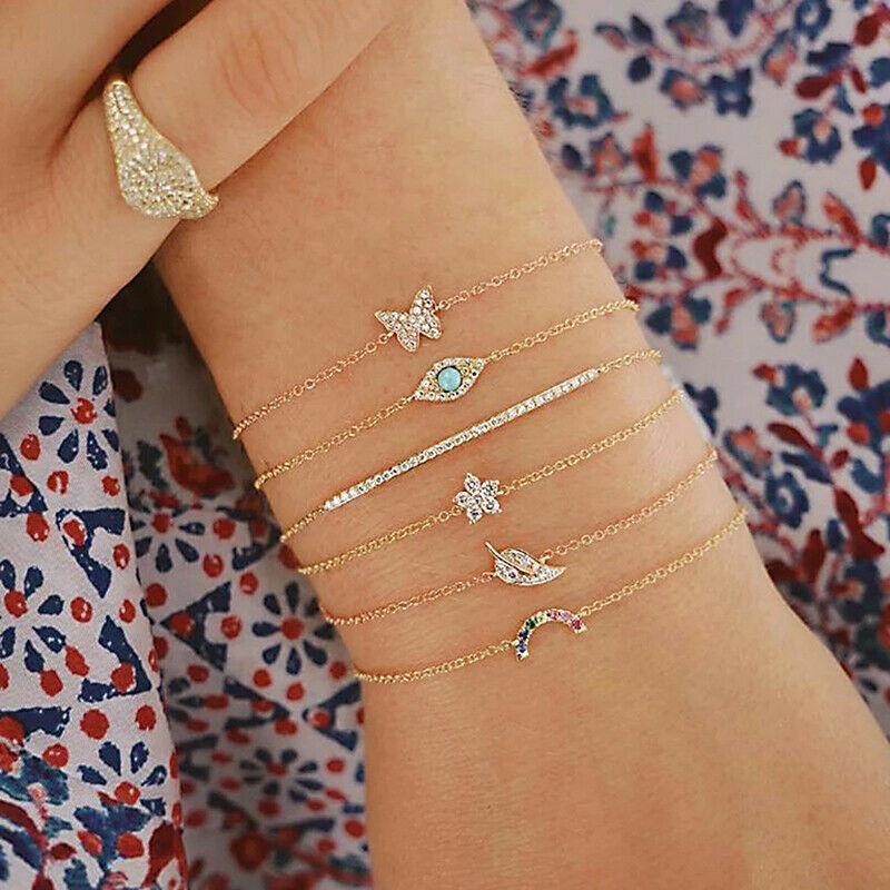 6pcs/set Fashion Crystal Butterfly Bracelets Set For Women simple Leaves .l8