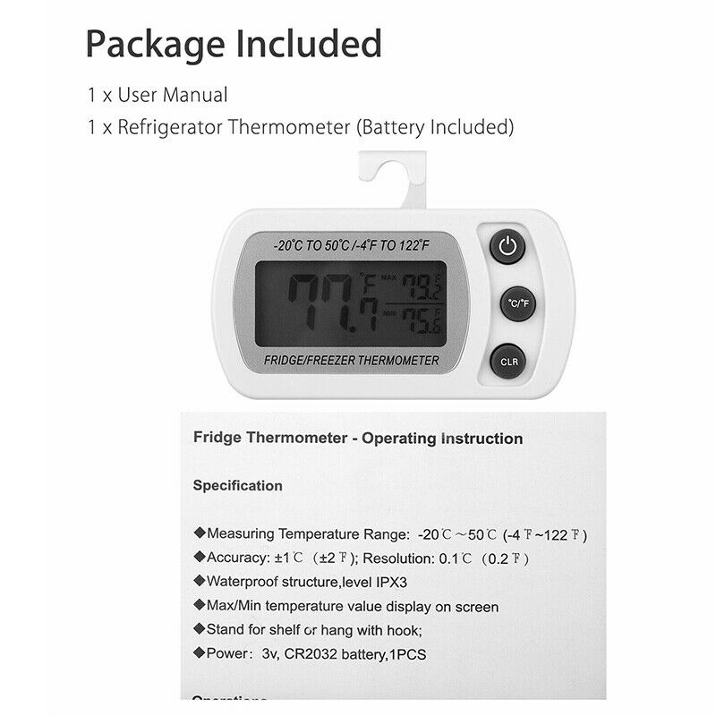 Wireless Digital Refrigerator Freezer Fridge Thermometer Temperature with Hook