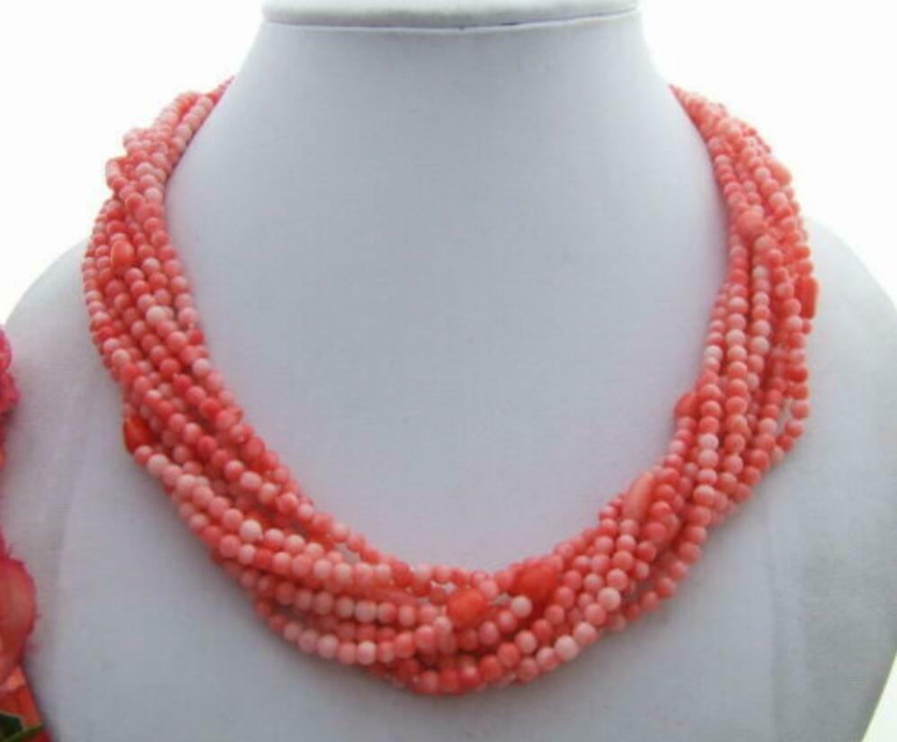 8 Rows Pink Coral Necklace 18" Multi Strands Coral Torsade Necklace For Women