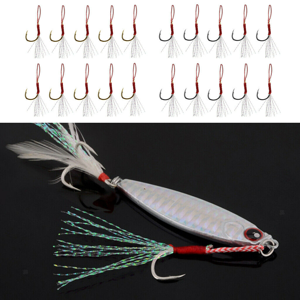 30 lot Metal Fishing Assist Hooks with Braid Line Strong Barbed Golden