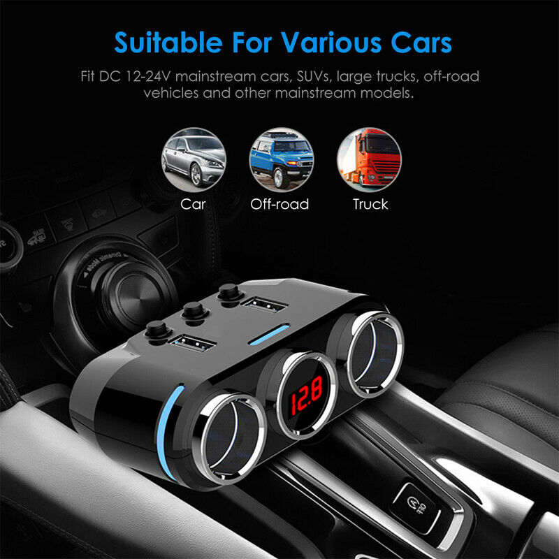 3 Way Cigarette Lighter Socket Splitter Power Adapter Dual USB Car Phone Charger