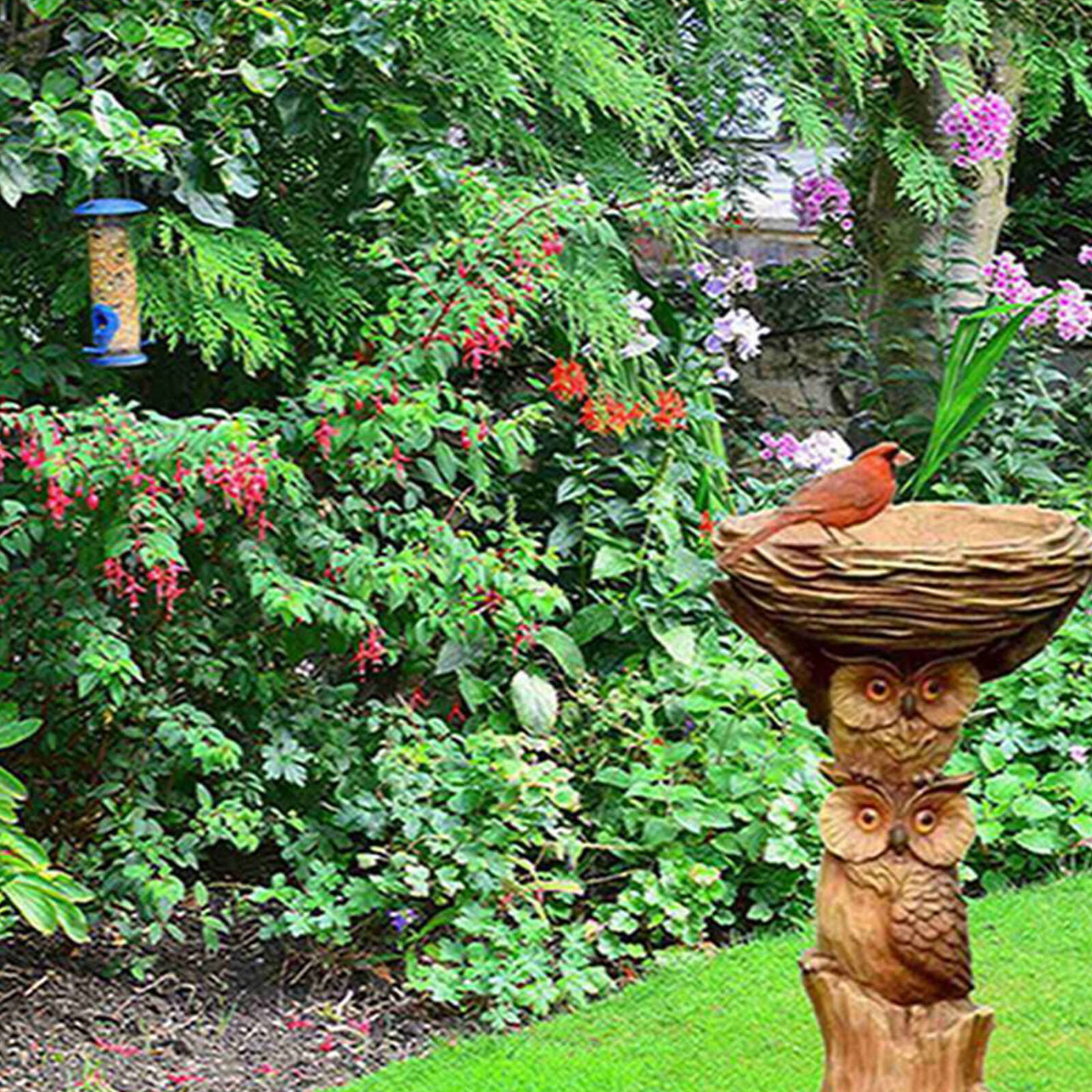 Bird Bath& Feeder Pedestal Free Standing Garden Bird Owl Bath Tray Desgn