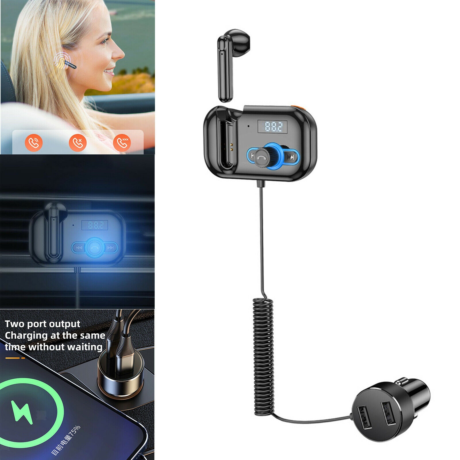 Car Charger Adapter FM Transmitter With Headset Multiport Dual USB Port