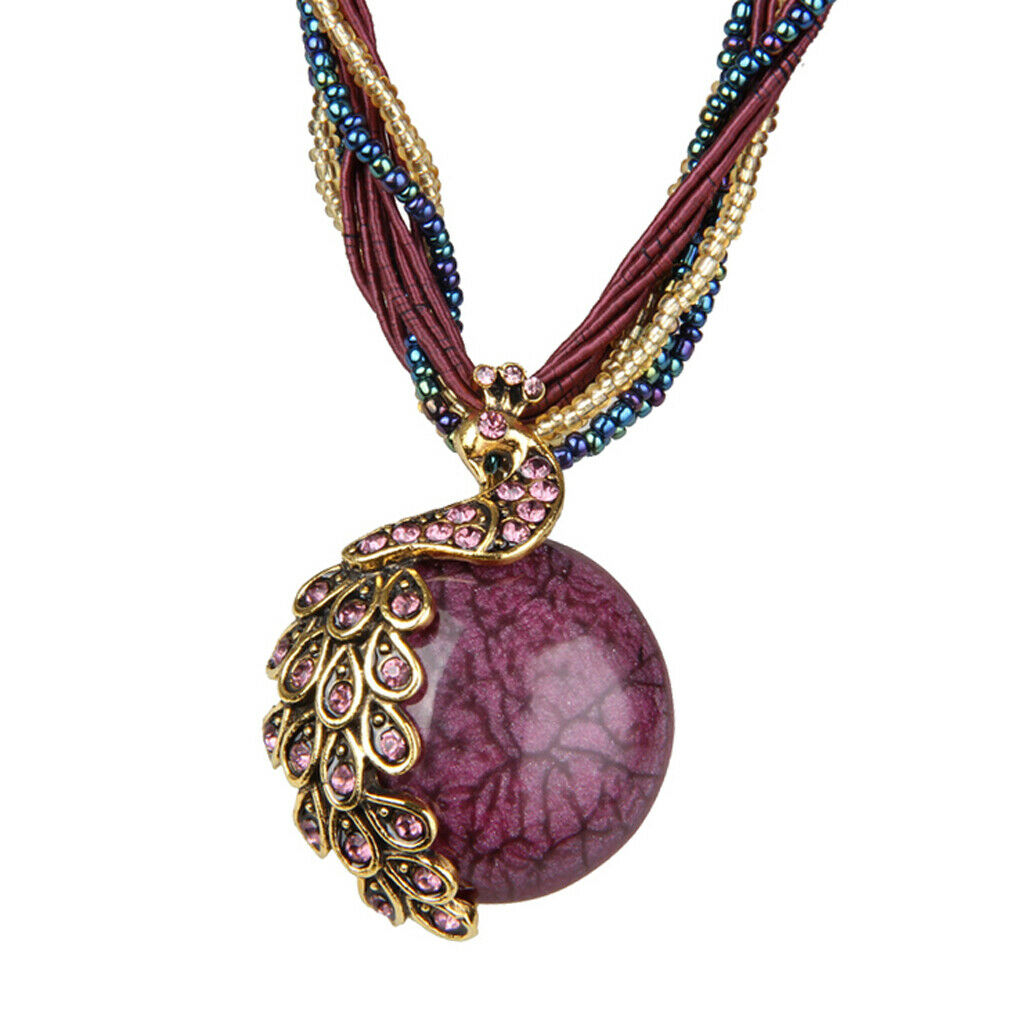 Bohemian Opal Necklace with Phoenix Peacock Pendant Jewel Accessory  Purple