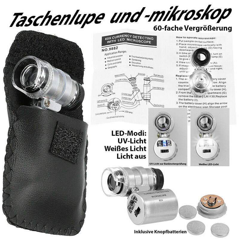 Mini 60X Jewelers Loupe Magnifier with LED Fluorescence Ultra Violet Lights