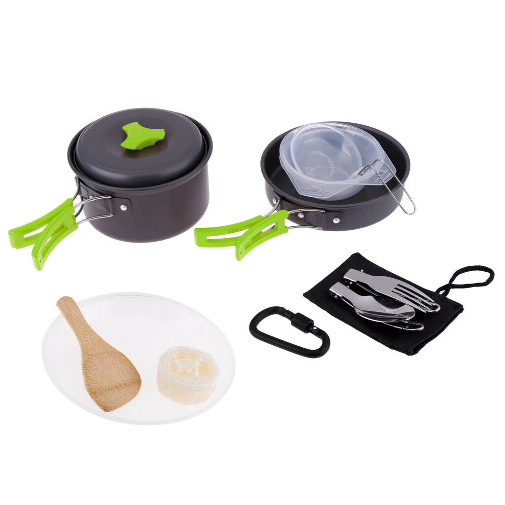 Aluminum Camping Mess Kit Cookware Cutlery Foldable Pot Pan Bowl Dish Green