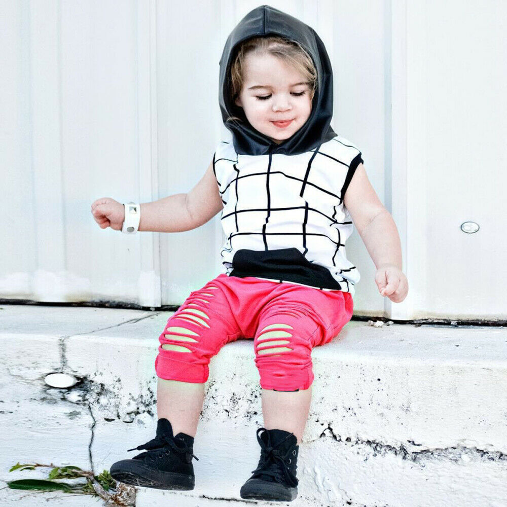 2PCS Toddler Kids Baby Girls Summer Outfits Clothes Hooded Tops+Ripped Pants Set