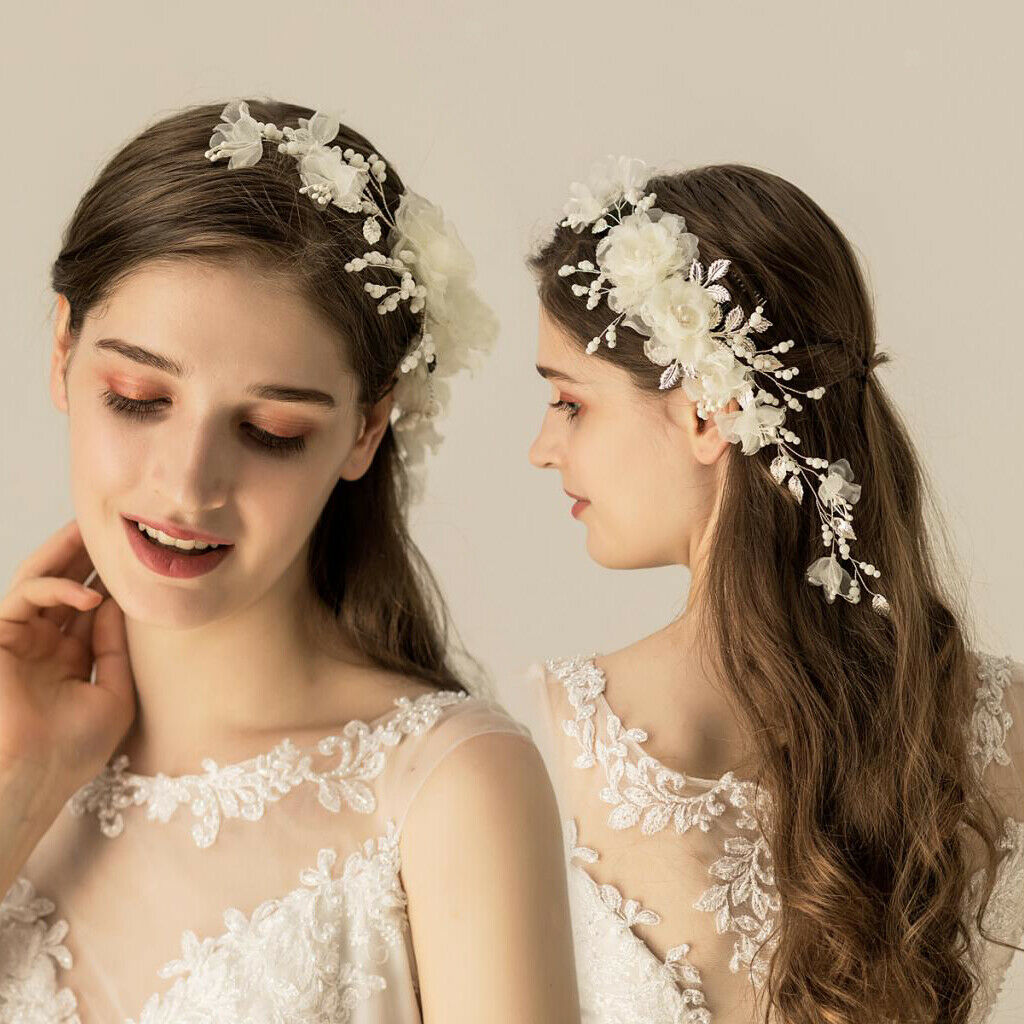 Handmade Chiffon Flowers Tiara Bride Pearls Headdress Hair Comb Headpieces