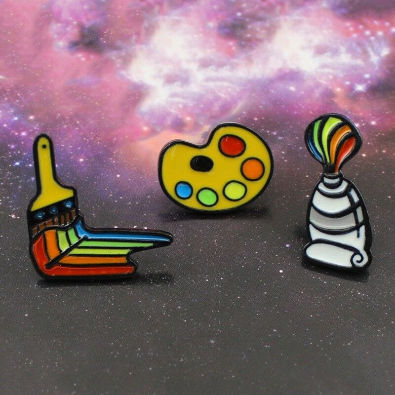 3PCS RAINBOW ENAMEL PAINTER'S PALETTE BRUSHES BROOCHES PINS ARTIST GIFT JEWELRY