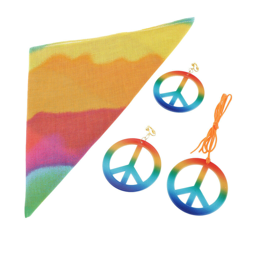 Hipple Peace Sign Earrings Necklace Tie Dye Headband 1960's Halloween Party