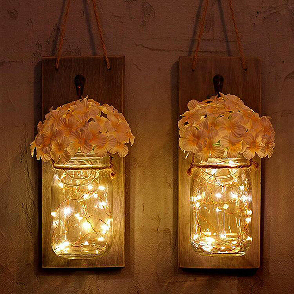 2Pcs Rustic Mason Jar Wall Sconce Fairy Light 20LEDs Remote Control Flower
