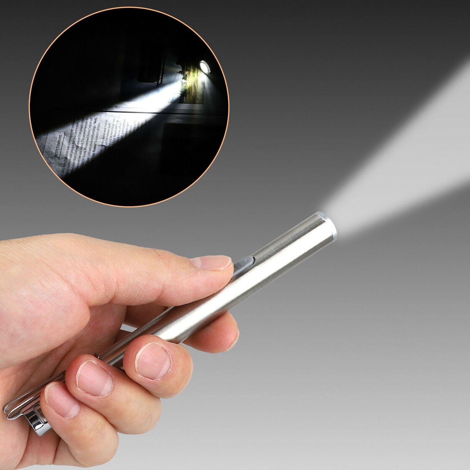 Pocket Flashlight Stainless Steel LED Torch Light Mini Pen USB Rechargeable