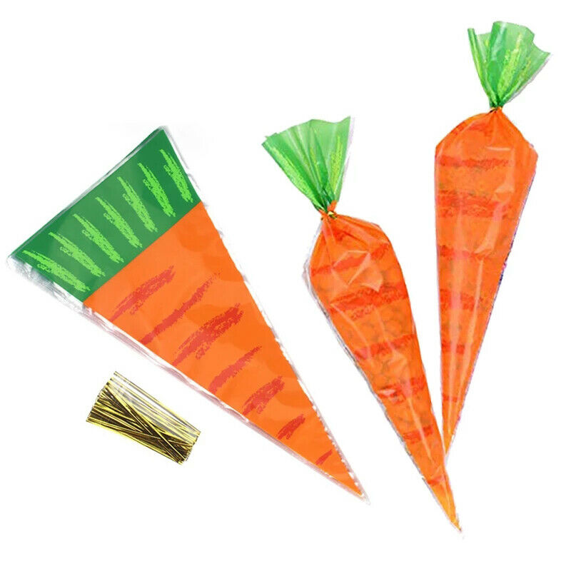 50pcs Easter Decoration Carrot Cone Bags Cellophane Treat Bags for Candies C XC