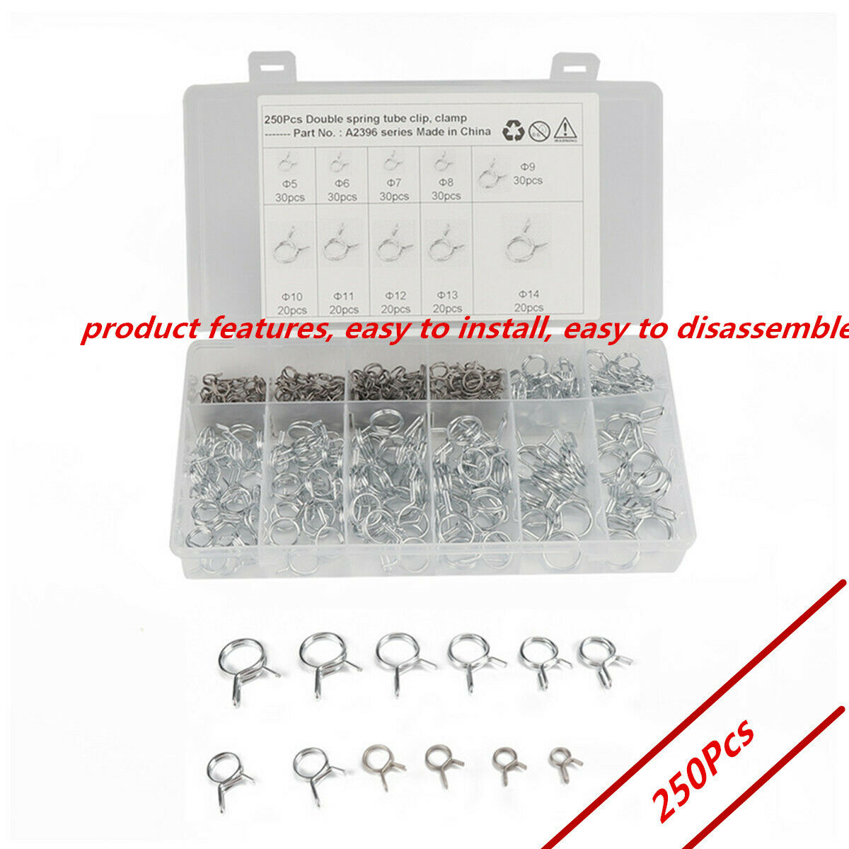 250 Pcs Easy To Disassemble Î¦5-Î¦14  Wire Fuel Line Hose Tube Spring Clamps Kit