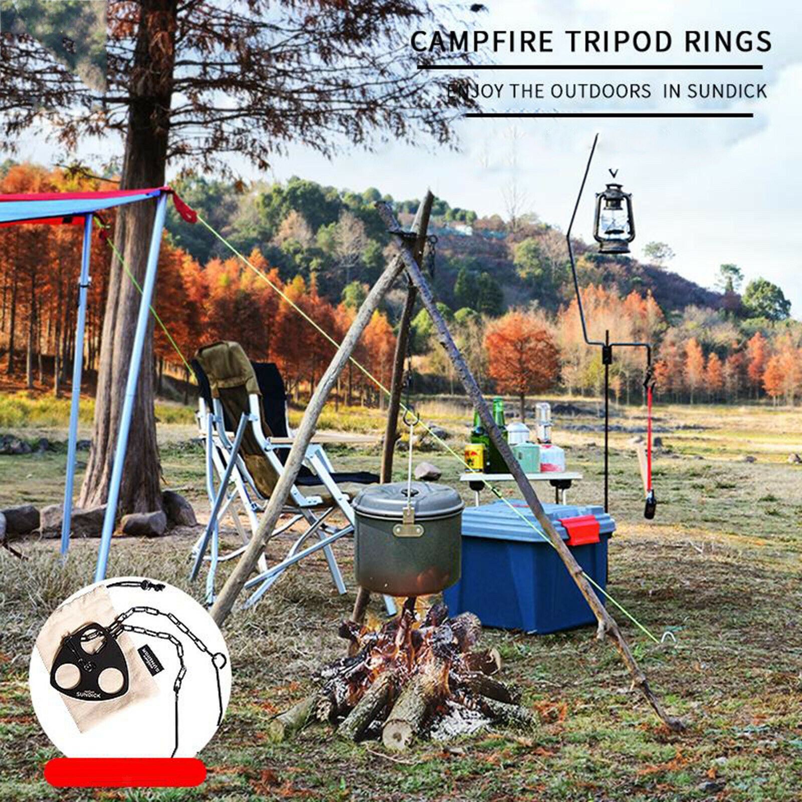Camping Tripod Portable Campfire Grill Pot Holder Hook Adjustable Chain BBQ