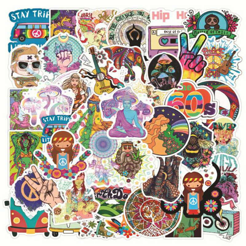 50Pcs Retro Hippies Stickers Waterproof Laptop Skateboard Luggage Guitar Stic Fx
