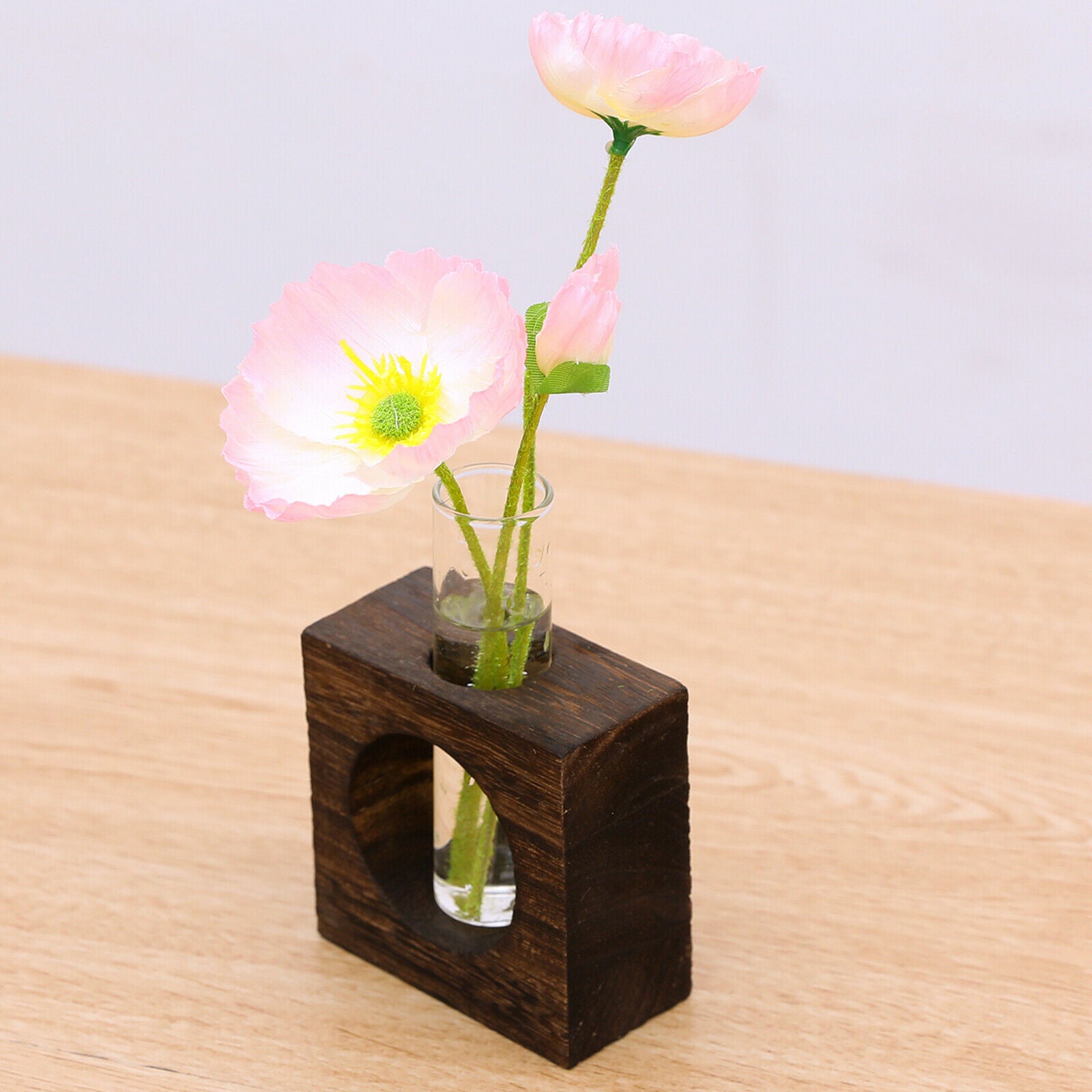 Single Test Tube Glass Vase in Wooden Stand Flower Pots for Home Office