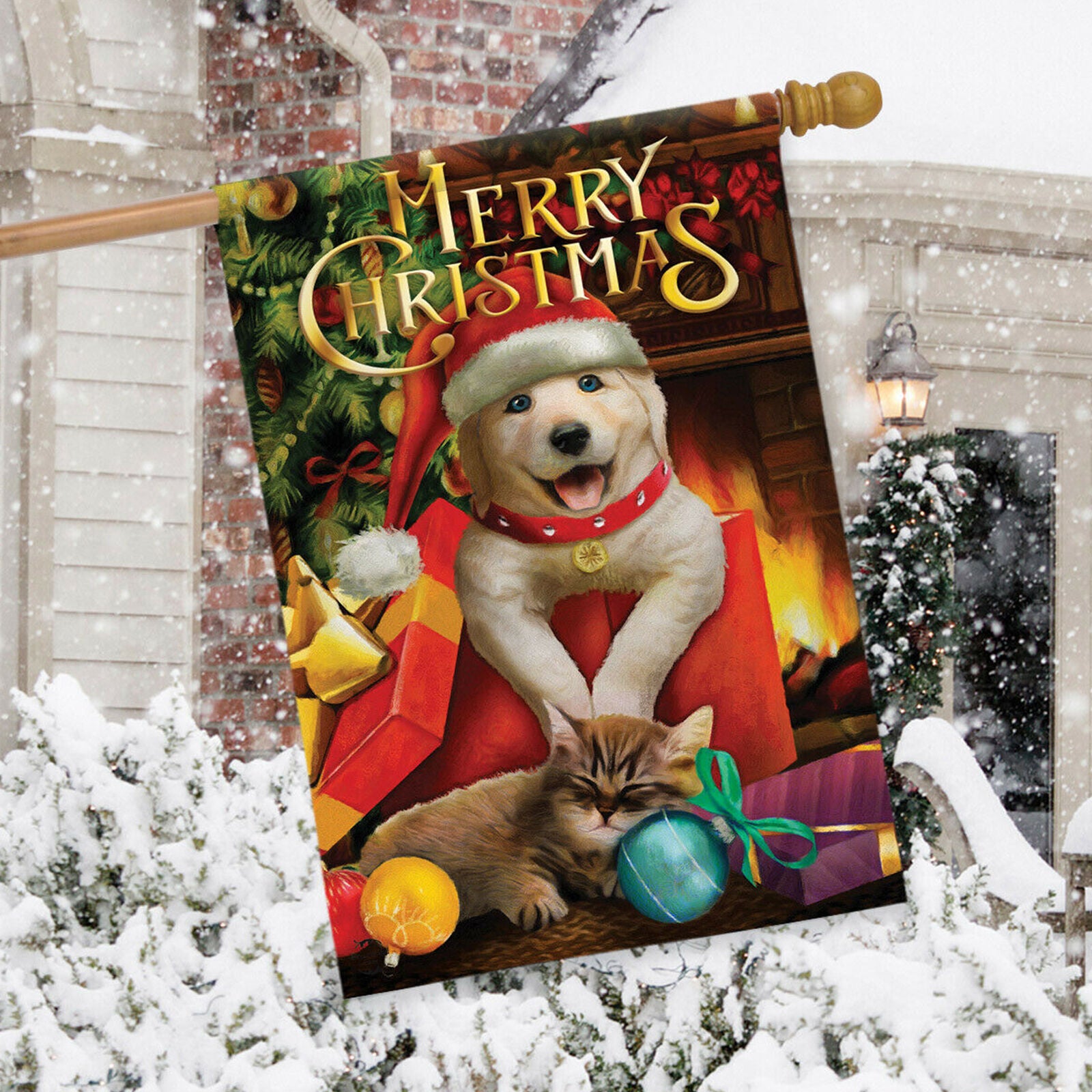 Christmas Puppy House Flag Kitten Presents Cat 28" x 40" Briarwood Lane