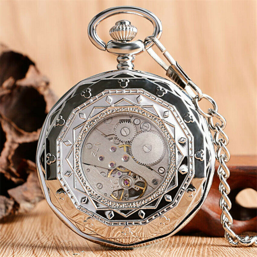 Retro Open FaceSilver Railway Mechanical Hand Winding Pocket Watch Chain Gift