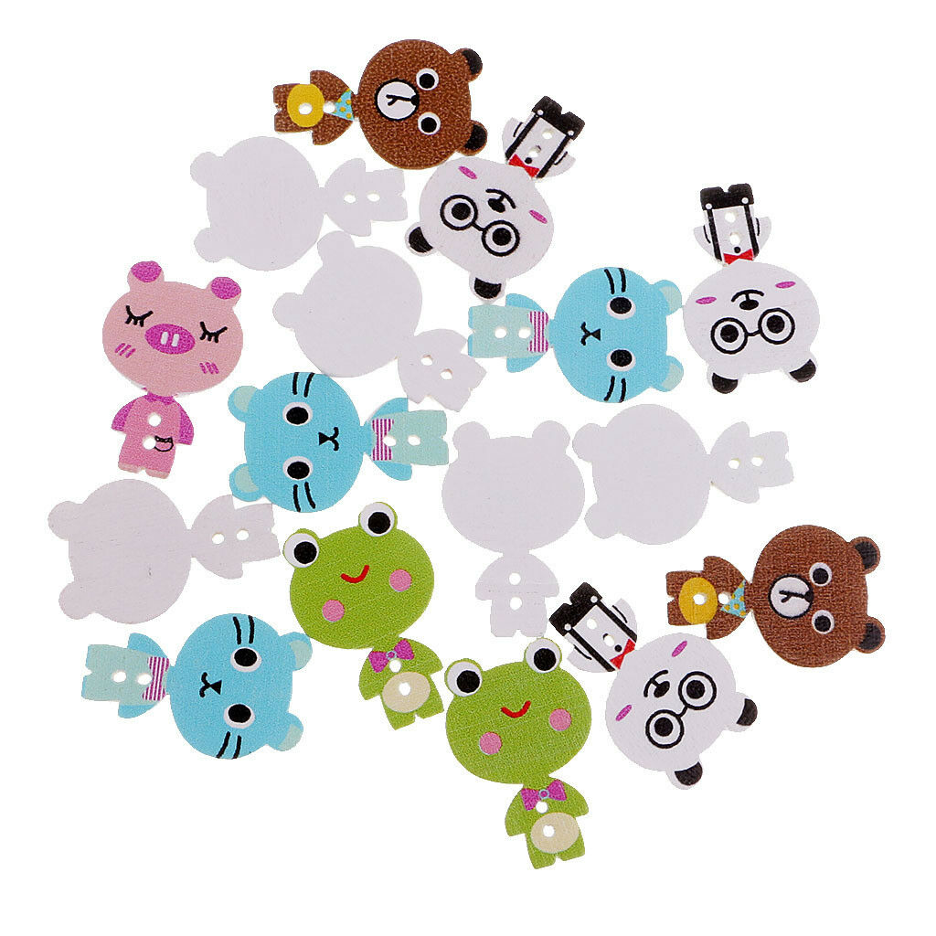 50pcs Lovely Cartoon Animal Wood Sewing Buttons 2 Holes for Scrapbook Crafts