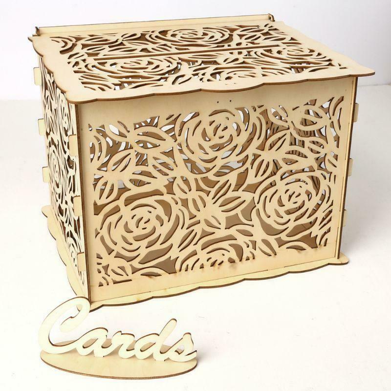 DIY Wedding Gift Rose Flower Wooden Card Money Box Case With Lock Rustic Party