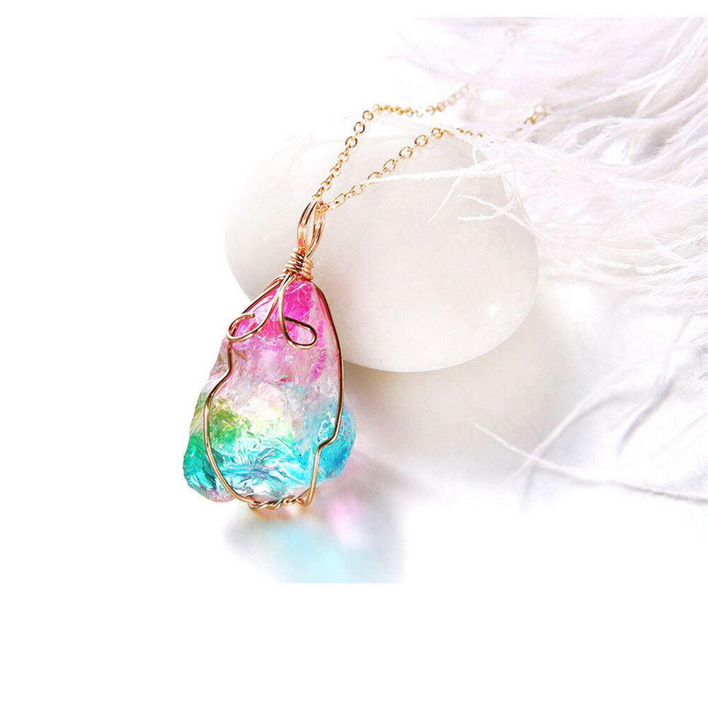Natural Crystal Rainbow Stone Chakra Rock Chain Necklace Quartz Pendant Jewelry