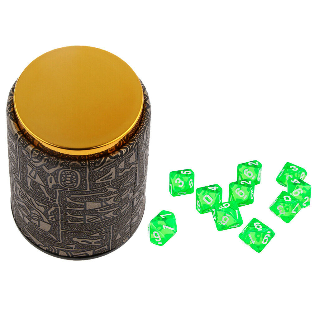 10 Green Ten Sided Pieces of D10 Dice with Dice Cup for D & D Trpg