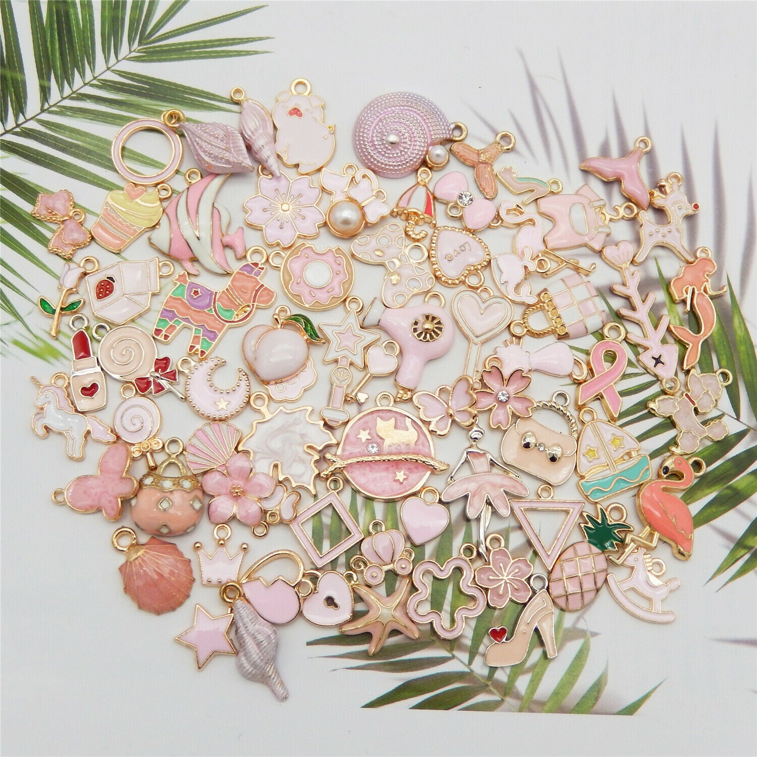 20PCS Pink Alloy Mixed Flower Animal Star Enamel Charms Pendant DIY Findings